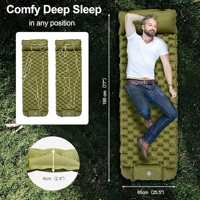 Night Cat Inflatable Sleeping Pads Mat Bed with Pillow Foot Pump for Camping Backpacking Hiking Ultra-Light Compact Comfortable Extendable 77"x25.5"