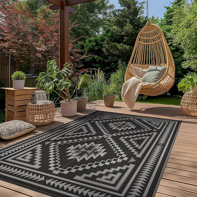 GENIMO Outdoor Rug for Patio Clearance, 8x10 ft Waterproof Mat,Reversible Plastic Camping Rugs, Rv, Porch, Deck, Camper, Balcony, Backyard, Black and Grey