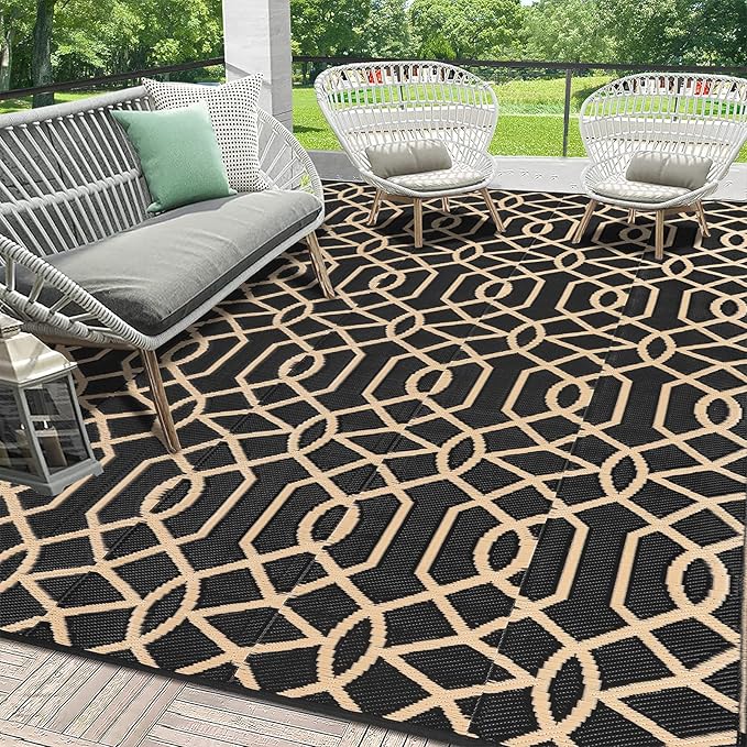 HEBE Outdoor Rug Waterproof 8x10, Reversible Plastic Straw Rug RV Camping Rug, Indoor Outdoor Patio Mat Clearance, Outside Carpet for Porch,Deck,Camper,Balcony,Backyard,Picnic
