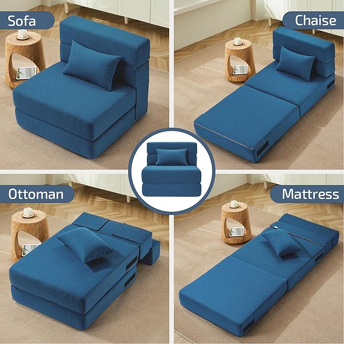 Folding Sofa Bed with Pillow- Convertible Chair Floor Couch & Sleeping Mattress, Foldable Memory Foam Sleeper for Living Room/Dorm/Guest Room/Home Office/Apartment/Loft, Single26, Navy Blue
