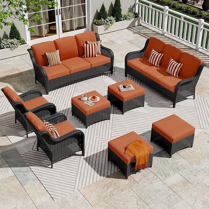 ovios 8 Pieces Patio Furniture Set, Outdoor Wicker Sofas with 2 Chairs, 4 Ottomans and Comfy Cushions, All Weather High Back Couch Set for Deck Porch, Brown Rattan, Orange Red