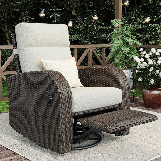 Outdoor Wicker Recliner Chair High Back Patio 360°Swivel Reclining Lounge Chair with 6-Inch Thick Cushion