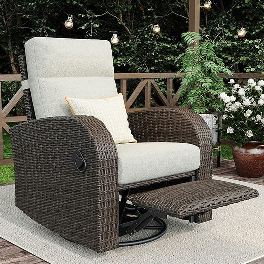 Outdoor Wicker Recliner Chair High Back Patio 360°Swivel Reclining Lounge Chair with 6-Inch Thick Cushion