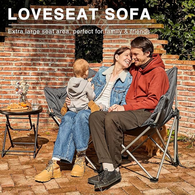 EVER ADVANCED Double Camping Chair for Adults, Padded Folding Camping Love Seat Bench with Side Pocket Portable Camping Couch, Two Person Heavy Duty Folding Outdoor Chair with Cushion,Support 600lbs