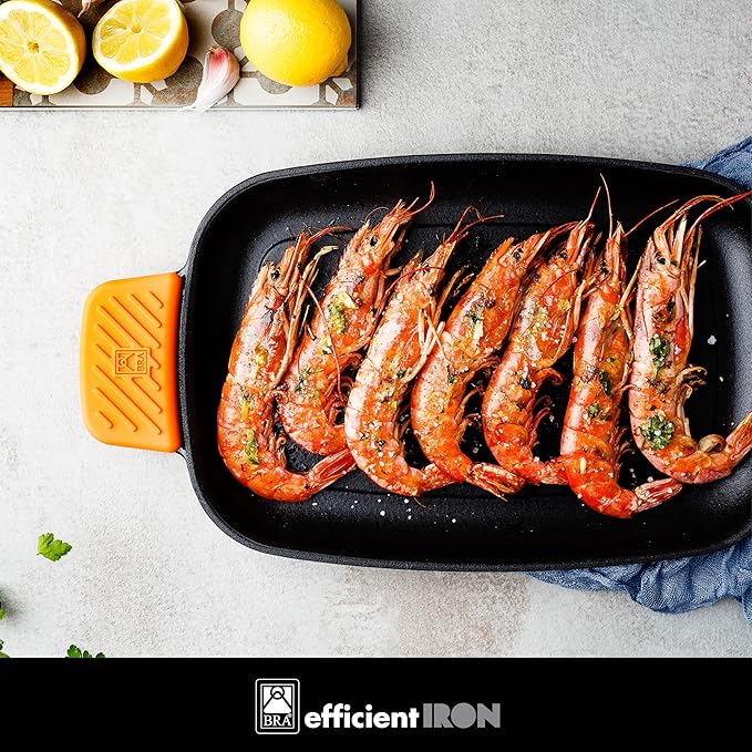 BRA COOKWARE Efficient Iron Rectangular Ribbed Grill | 13 inches x 8.7 inches Cast Iron Rectangular Griddle | All Heat Sources Compatible | PFOA Free | W/o Non-Stick | Silicon Handle | Non Deformable