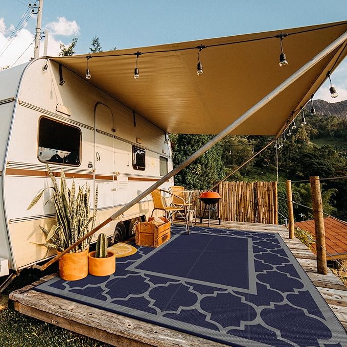 GENIMO 10 ' x 14 ' Outdoor Rug Waterproof for Patio Decor, Foldable Reversible Plastic Straw Area Rugs Mat for Camper, Outside Carpet for Rv, Deck, Porch, Picnic, Beach, Balcony, Blue & Grey