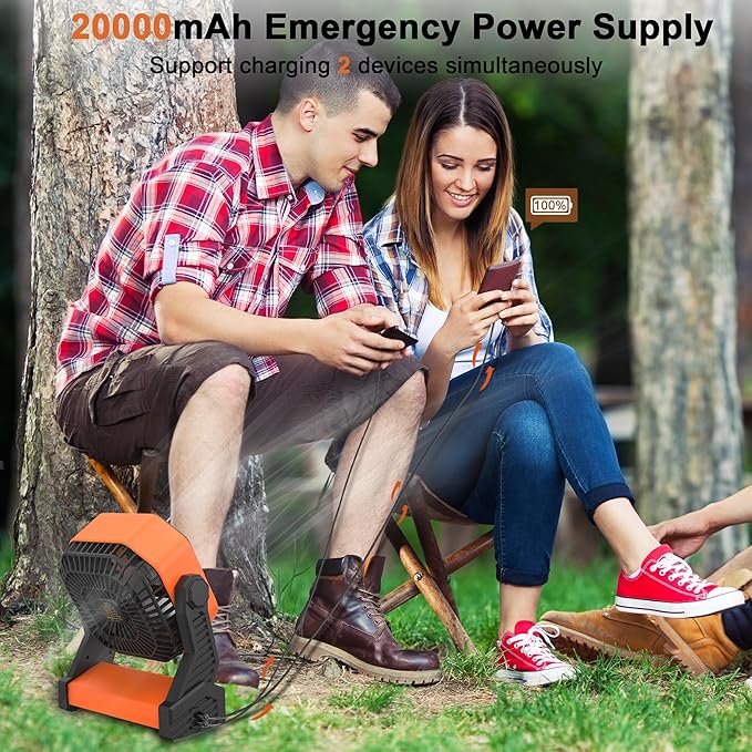 KITWLEMEN 20000mAh Battery Powered Camping Fan - 58H Max Cooling, Rechargeable Battery Operated Desk Fan with 4 Speeds, Bright Light & Hanging Hook, Portable for Tent Outdoor Hurricane Power Outage