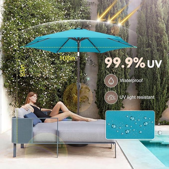 9ft Outdoor Patio Umbrella - Table Umbrella Waterprool UV Protection, Sombrillas de Patio with Push Button Tilt&Crank, Sun Umbrella for Pool, Porch, Garden, Deck, Backyard(Sky Blue)
