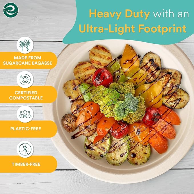 ECO SOUL 100% Compostable 10 Inch Heavy Duty Eco-friendly Bagasse Dinner Plates [1000-Pack] Disposable, Microwave Safe, Oven Compostable