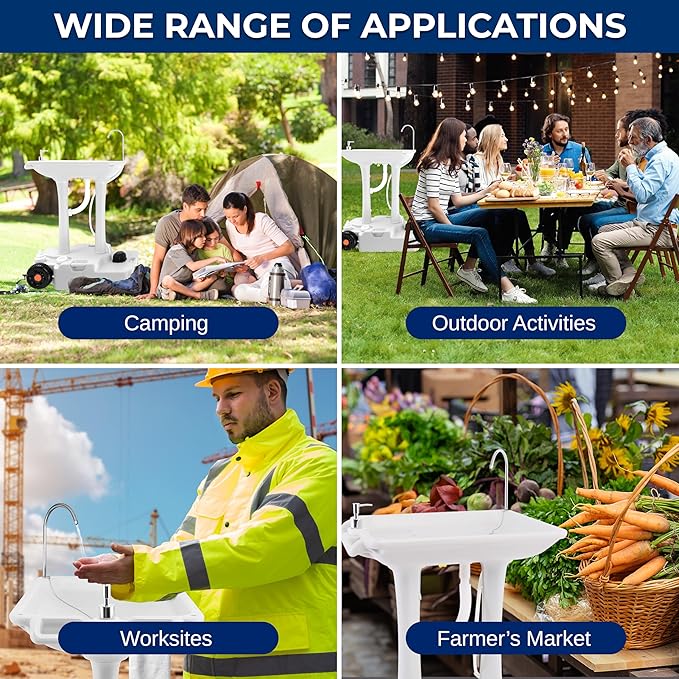 SereneLife Portable Camping Sink with 30L (7+ Gallon) Built-In Water Tank, Large Wheels, Hands-Free Foot Pump, Extra-Large Basin, and 5L Soap Dispenser – Ideal for Outdoors, Camping, and Worksites