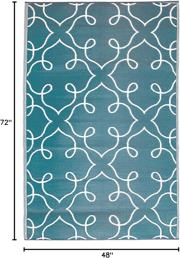FH Home Outdoor Camping Rug - Waterproof, Fade Resistant, Reversible - Premium Recycled Plastic - Moroccan Lattice Tile - Large Patio, Deck, Sunroom, RV - Syracuse - Sea Green - 9 x 12 ft Foldable