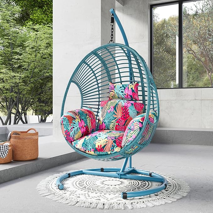 Hanging Egg Chair with Stand - Egg Swing Chair Outdoor Indoor Patio Wicker Chair Swing Hammock Egg Chairs 400lbs Capacity for Outside Patio, Bedroom, Garden and Balcony (Blue-Regular, 1 PC)