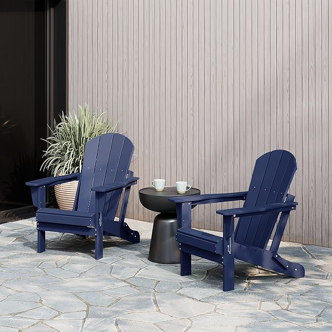 WestinTrends Malibu 2 Piece Set Outdoor Folding Poly Adirondack Chair, Navy Blue