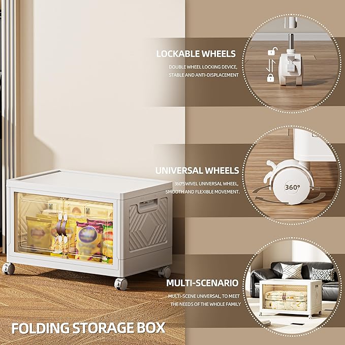 84 QT / 21 Gal Magnetic Door Storage Bins Collapsible Stackable w/1 Lid, Heavy Duty Plastic Cabinet with Wheels for Home Office Organization (White)