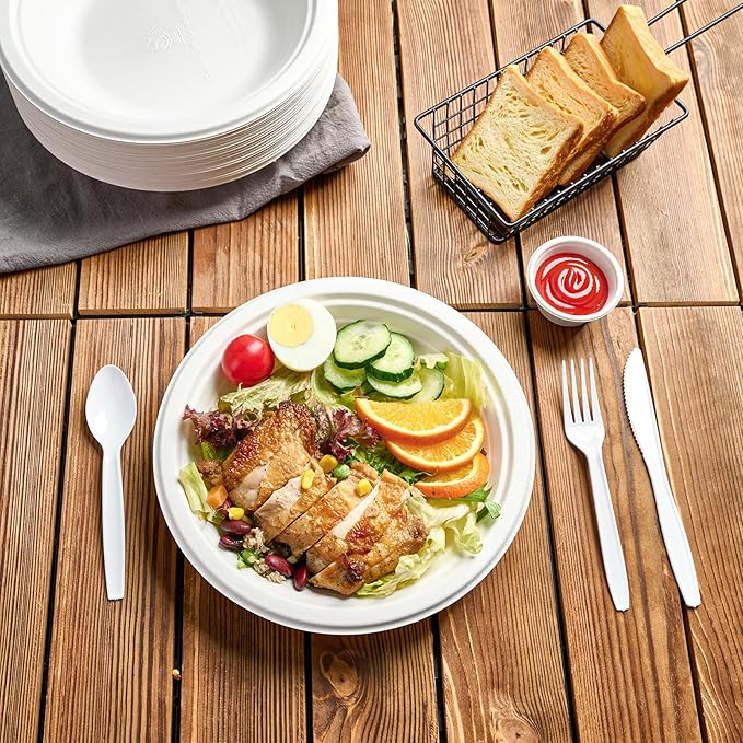 ECOLipak 125 Pack Paper Plates 9 inch 100% Compostable Plates Heavy-Duty Dinner Plates Disposable Bagasse Deep Dish Natural Biodegradable Eco-Friendly Sugarcane Plates(White)