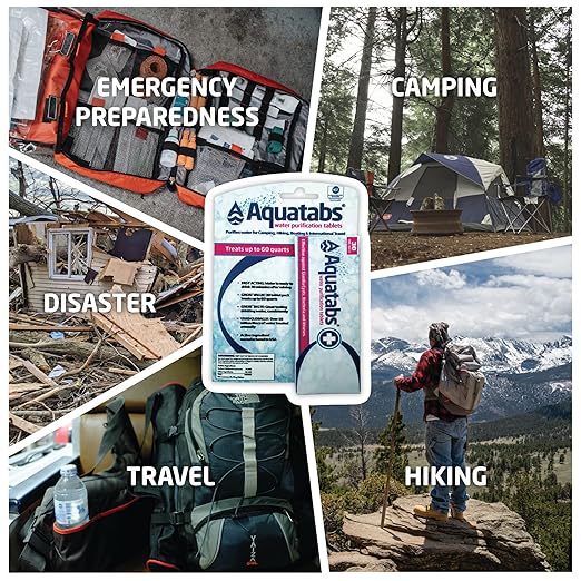 Aquatabs 49mg Water Purification Tablets (30 Pack). Water Filtration System for Hiking, Backpacking, Camping, Emergencies, Survival, and Home-Use. Easy to Use Treatment and Disinfection.
