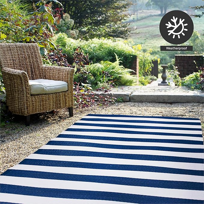 FH Home Outdoor Rug - Waterproof, Fade Resistant, Reversible - Premium Recycled Plastic - Striped - Large Patio, Deck, Sunroom, Camping, RV - Brittany Stripe - Blue & White Crease Free - 5 x 8 ft