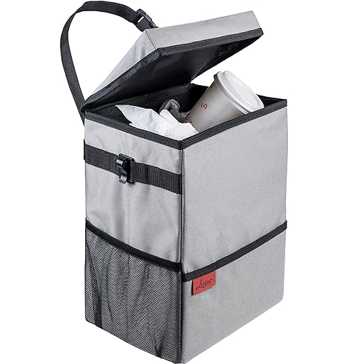 Lusso Gear Spill-Proof Car Trash Can (3.5 Gallon) - Easy to Clean Hanging Garbage Bin - Leak-Proof Lid, Removable Liner, Waterproof - Keeps Truck, SUV, Car, Minivan Clean & Odor Free (Gray)