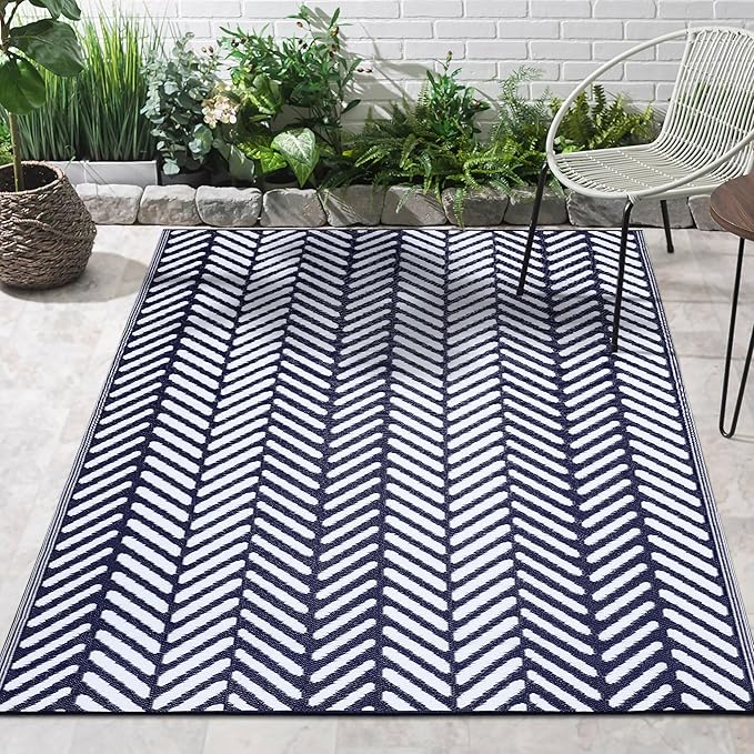 FH Home Outdoor Rug - Waterproof, Fade Resistant, Reversible - Premium Recycled Plastic - Herringbone - Patio, Deck, Porch, Balcony, Laundry Room - Fresno - Navy Crease Free - 4 x 6 ft