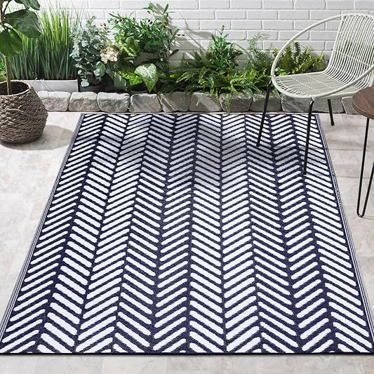FH Home Outdoor Rug - Waterproof, Fade Resistant, Reversible - Premium Recycled Plastic - Herringbone - Large Patio, Deck, Sunroom, Camping, RV - Fresno - Navy Crease Free - 6 x 9 ft