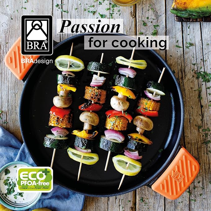 BRA COOKWARE Efficient Iron Round Ribbed Grill | 12.6 inches Cast Iron Round Griddle | All Heat Sources Compatible | PFOA Free | Without Non-Stick | Silicon Handle | Non Deformable