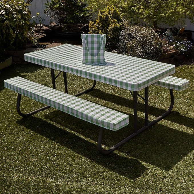 Hudson Comfort Picnic Table Cover with Bench Covers – 500 GSM Reusable Heavy Duty Vinyl Outdoor Table Cover - Waterproof Picnic Tablecloth with Carry Case (Green, 72x30 Inch) (6 Feet Long)