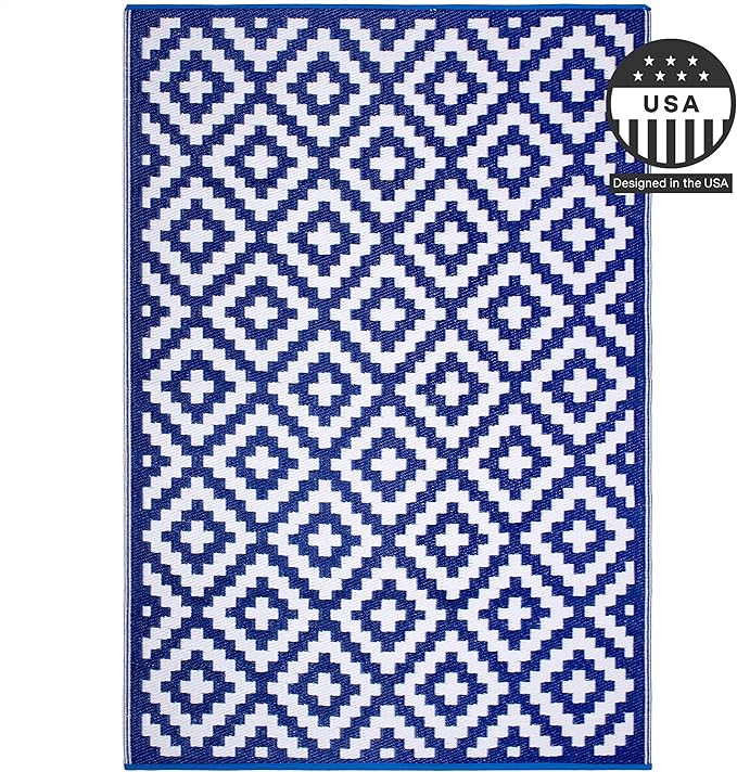 FH Home Outdoor Rug - Waterproof, Fade Resistant, Reversible - Premium Recycled Plastic - Geometric - Porch, Deck, Balcony, Mudroom, Laundry Room, Patio - Aztec - Blue & White Crease Free - 3 x 5 ft