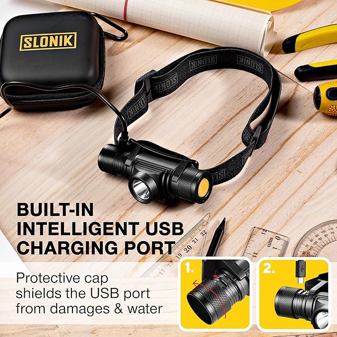 SLONIK Rechargeable Headlamp Flashlight - 500 Lumens Ultra Bright Headlight - IPX4 Waterproof Head Lamp Light for Outdoor Running, Hiking Gear, Hard Hat Helmet - Camping Accessories for Adults, Black
