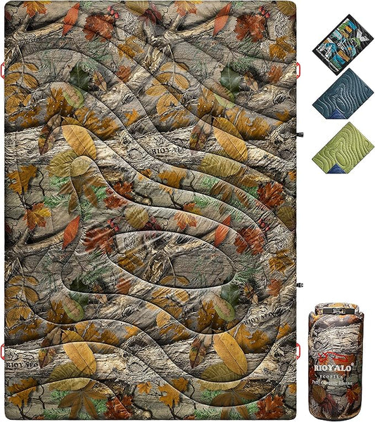 ECOSILK Outdoor Blanket Waterproof | XL Puffy Camping Blanket for Hiking Backpacking | Lightweight Packable Travel Cars Blanket w. Stuff Sack for Picnic Festival |55 X 79 in| Forest Camo…