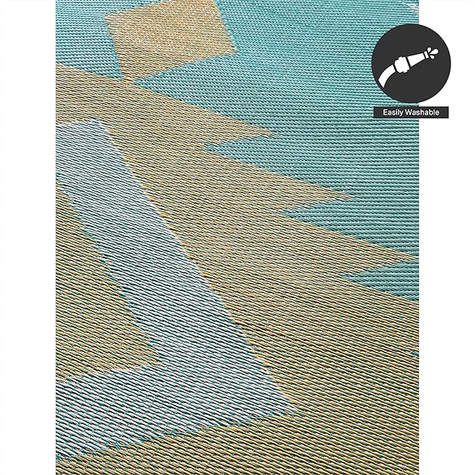 FH Home Outdoor Rug - Waterproof, Fade Resistant, Reversible - Premium Recycled Plastic - Geometric - Patio, Deck, Porch, Balcony - Bursa Kilim - Teal Crease Free - 5 x 8 ft