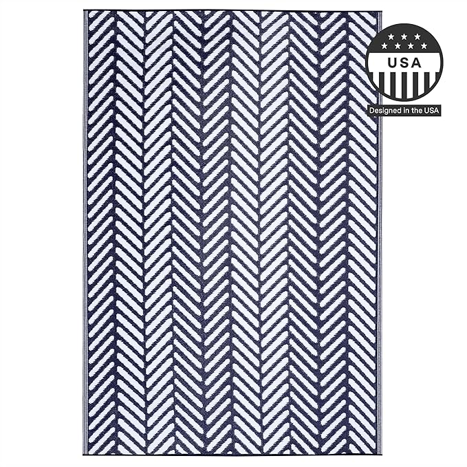 FH Home Outdoor Rug - Waterproof, Fade Resistant, Reversible - Premium Recycled Plastic - Herringbone - Patio, Deck, Porch, Balcony, Laundry Room - Fresno - Navy Crease Free - 4 x 6 ft