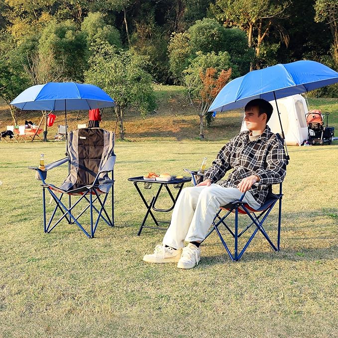 2 Pack Camping Chairs with Adjustable Umbrella-Folding Lawn Chair with American Flag Backrest-Heavy Duty Padded Camping Chair for Beach,Black