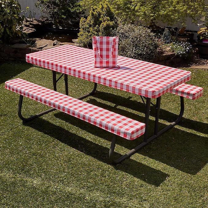 Hudson Comfort Picnic Table Cover with Bench Covers – 500 GSM Reusable Heavy Duty Vinyl Outdoor Table Cover - Waterproof Picnic Tablecloth with Carry Case (Red, 72 Inch (6 Feet))