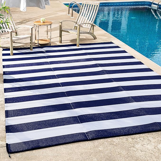 FH Home Outdoor Camping Rug - Waterproof, Fade Resistant, Reversible - Premium Recycled Plastic - Striped - Large Patio, Deck, Sunroom, RV - Brittany Stripe - Blue & White - 9 x 12 ft Foldable