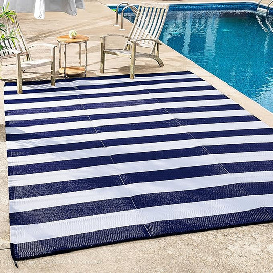 FH Home Outdoor Camping Rug - Waterproof, Fade Resistant, Reversible - Premium Recycled Plastic - Striped - Large Patio, Deck, Sunroom, RV - Brittany Stripe - Blue & White - 9 x 12 ft Foldable