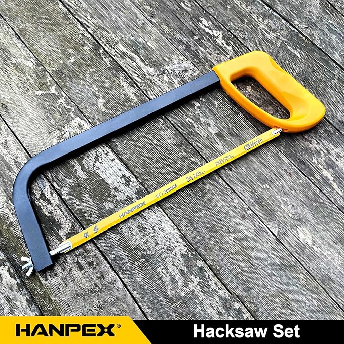 12in. High-Tension Hacksaw Frame with 5pcs Extra Bi-metal Blades, Hand Saw Suitable for Metal, wood, PVC, Carpentry