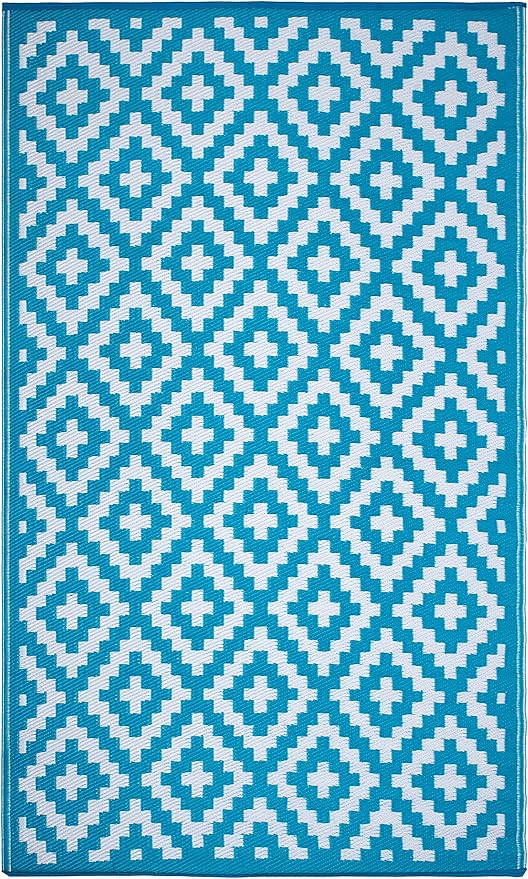 FH Home Outdoor Rug - Waterproof, Fade Resistant, Reversible - Premium Recycled Plastic - Geometric - Patio, Porch, Deck, Balcony - Aztec - Teal & White Crease Free - 5 x 8 ft