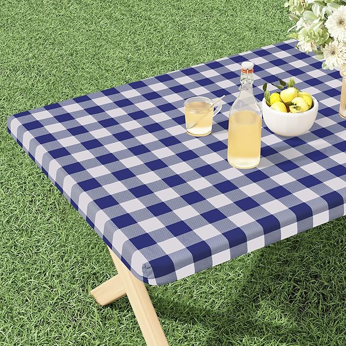misaya Buffalo Rectangle Picnic Tablecloth, 4 Foot Elastic Fitted Vinyl Table Cloth with Flannel Backing, Waterproof Plaid Table Covers for Dining, Camping, Outdoor (Navy and White, 24" x 48")