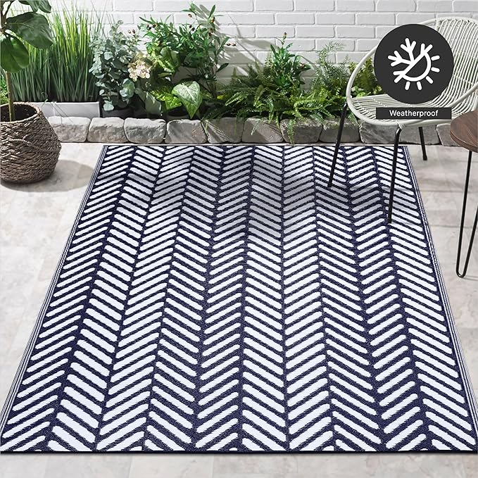 FH Home Outdoor Camping Rug - Waterproof, Fade Resistant, Reversible - Premium Recycled Plastic - Herringbone - Large Patio, Deck, Sunroom, RV - Fresno - Navy - 9 x 12 ft Foldable