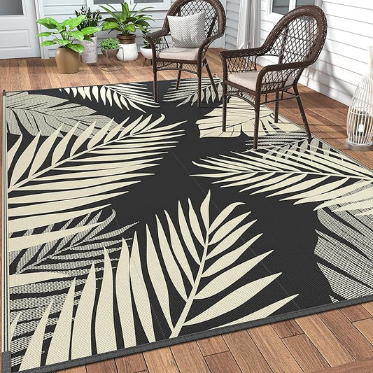 GENIMO Outdoor Rug 5' x 8' Waterproof for Patios Clearance, Reversible Outdoor Plastic Straw Camping Rug Carpet, Large Area Rugs Mats for RV, Picnic, Backyard, Deck, Balcony, Porch, Beach, Black&Beige