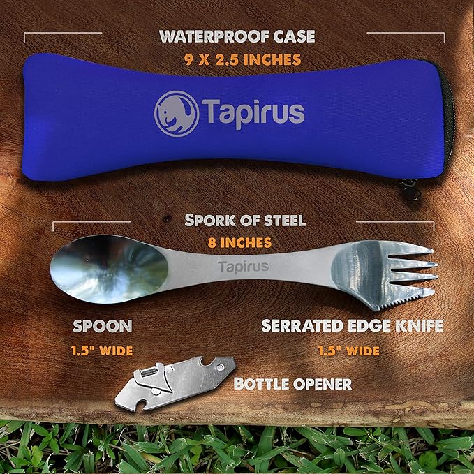 Tapirus - 5 Spork Of Steel Utensils Set - 8-inch Long Durable & Rust Proof Stainless Steel Spoon, Fork & Knife Flatware - For Camping, Fishing, & Hunting - With Bottle Opener & Carrying Case