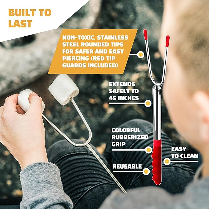 MalloMe Smores Sticks for Fire Pit Extra Long - Marshmallow Roasting Sticks Smores Kit -Smore Skewers Hot Dog Fork Campfire Cooking Equipment, Camping Essentials, Outdoor Campfire Accessories 45"8Pack