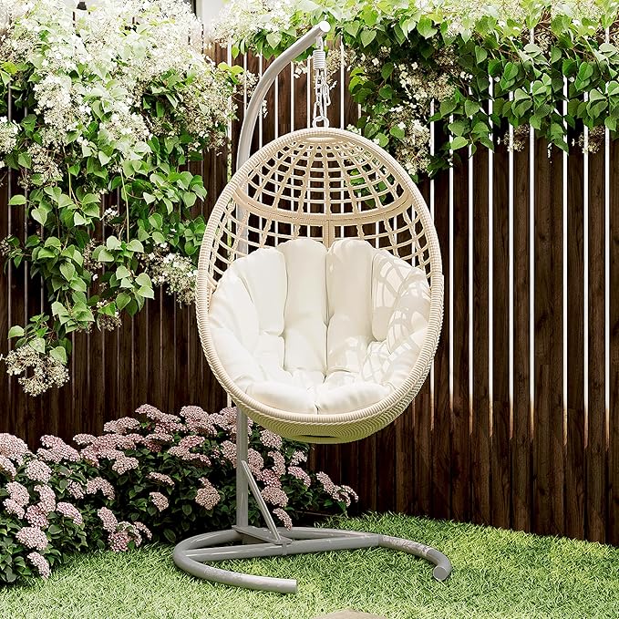 Egg Swing Chair with Stand: Hand Woven PE Rattan Hanging Chairs Hammock - Indoor Outdoor Swinging Lounger with Soft Cushion for 330lbs Patio Balcony Garden Living Room Bedroom Porch, Beige