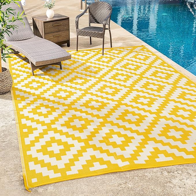 FH Home Outdoor Camping Rug - Waterproof, Fade Resistant, Reversible - Premium Recycled Plastic - Geometric - Large Patio, Deck, Sunroom, RV - Aztec - Yellow & White - 9 x 18 ft Foldable