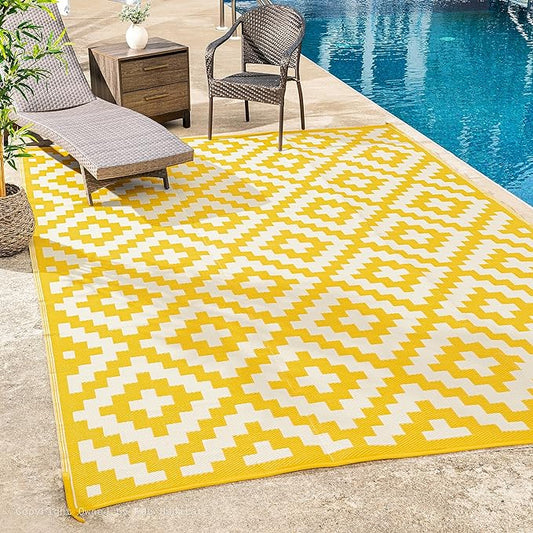 FH Home Outdoor Camping Rug - Waterproof, Fade Resistant, Reversible - Premium Recycled Plastic - Geometric - Picnic, Patio, Deck, Sunroom, RV - Aztec - Yellow & White - 4 x 6 ft Foldable
