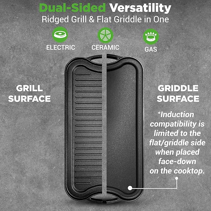 NutriChef Reversible Cast Iron Griddle – Flat & Grill Sides, Extra-Wide, Oven Safe, PFOA & PFOS Free, Compatible with Multiple Stovetops