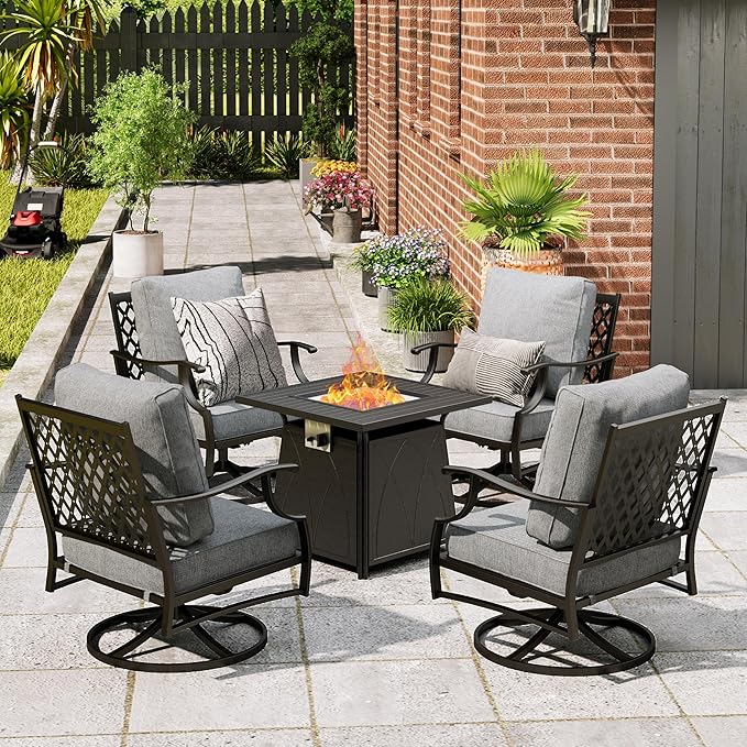 Patio Furniture Set with Fire Pit Table, 5 Pcs Metal Outdoor Conversation Set, 4 Swivel Chairs with 5.75" Extra Thick Cushion and 28" Fire Pit Table for Backyard Deck, Grey
