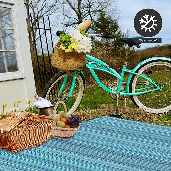 FH Home Outdoor Rug - Waterproof, Fade Resistant, Reversible - Premium Recycled Plastic - Striped - Large Patio, Deck, Sunroom, Camping, RV - Havana - Turquoise Crease Free - 6 x 9 ft