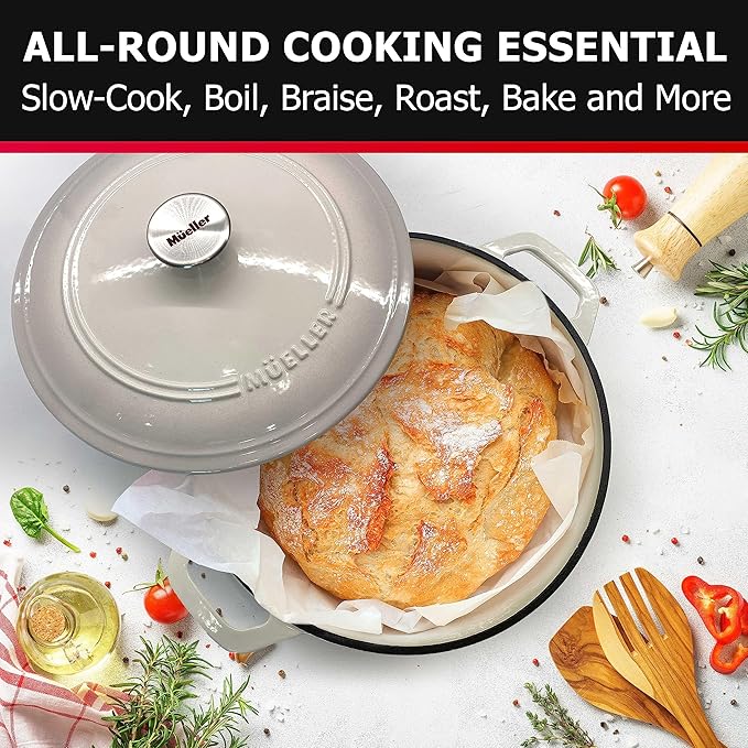 Mueller 6qt Enameled Cast Iron Dutch Oven, Heavy-Duty Casserole and Braiser Pan with Lid and Knob, Oven-Safe up to 500° F & Across All Cooktops, White