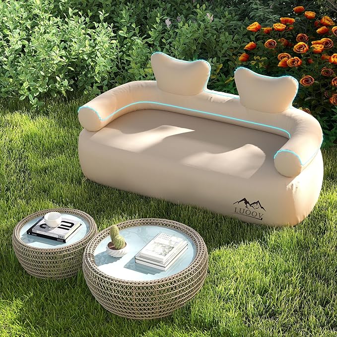 LUOOV Air Mattress Sofa Bed with Portable Air Pump,Folding Inflatable Sofa Camping Chair Couch Waterproof Outdoor Air Sofa Support 660 lbs for Camping Travel (Khaki Loveseat), Small Double